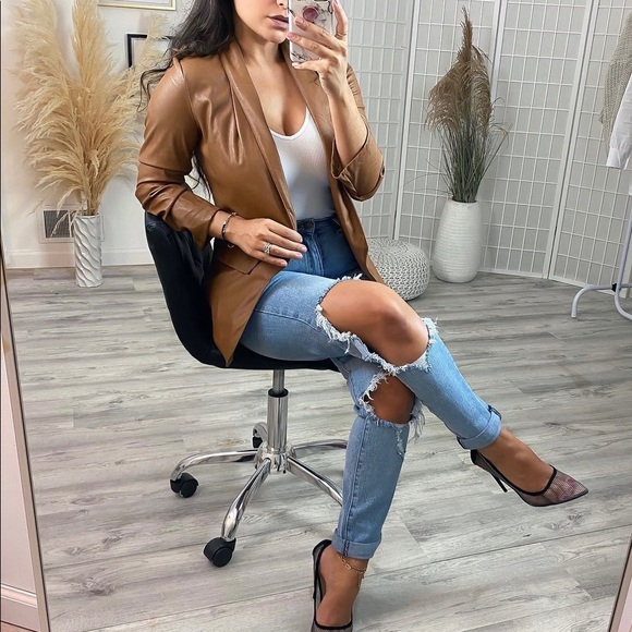 Jackets & Blazers - Camel scrunch sleeve faux leather blazer
